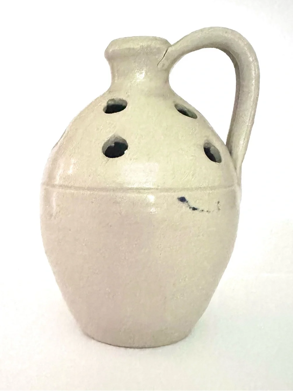 Williamsburg Pottery salt glazed mini jug bud vase blue floral/leaf 5in